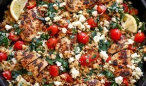 Greek Chicken and Lemon Rice in a cast iron skillet topped with marinated feta and fresh oregano