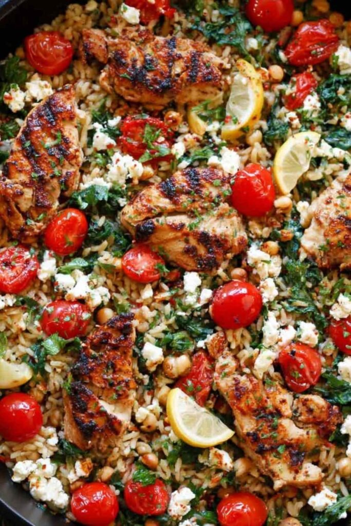 Greek Chicken and Lemon Rice in a cast iron skillet topped with marinated feta and fresh oregano