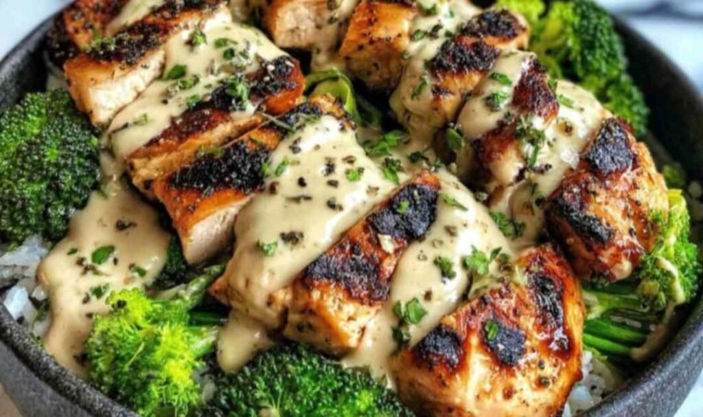 Grilled chicken and broccoli bowls with creamy garlic sauce over brown rice in white bowl