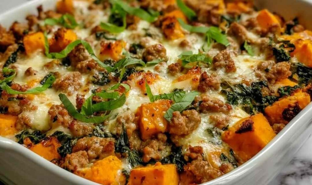 Healthy ground turkey sweet potato bake in a white baking dish with melted cheddar and golden roasted sweet potatoes