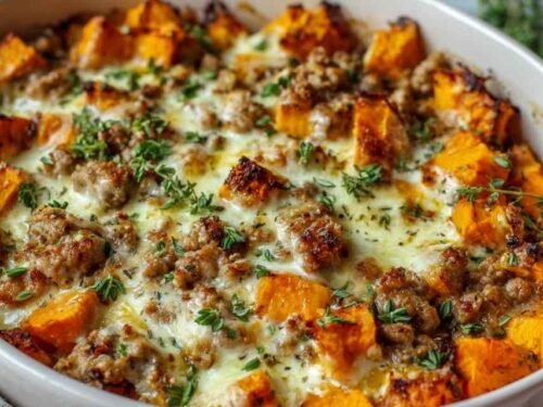 Ground Turkey Sweet Potato Bake in a white 9x13 baking dish with golden melted cheese, visible sweet potato chunks, and fresh parsley garnish