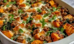 Healthy ground turkey sweet potato bake in a white baking dish with melted cheddar and golden roasted sweet potatoes
