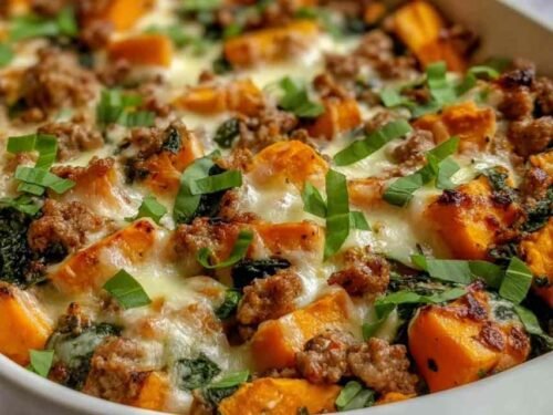 Healthy ground turkey sweet potato bake in a white baking dish with melted cheddar and golden roasted sweet potatoes