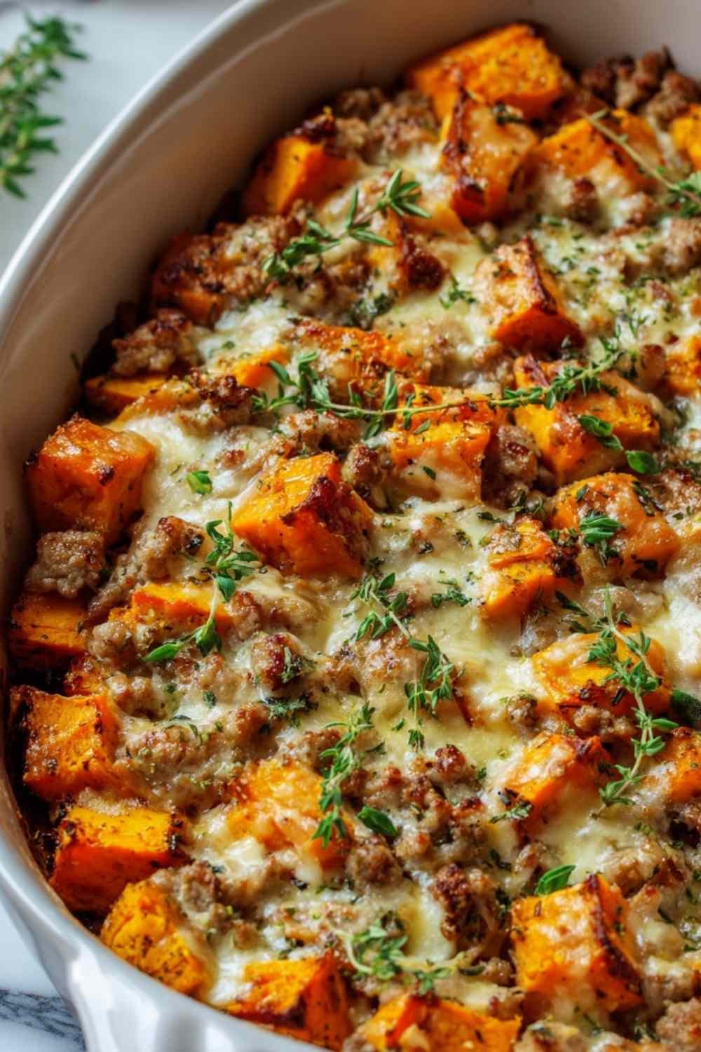Ground Turkey Sweet Potato Bake in a white 9x13 baking dish with golden melted cheese, visible sweet potato chunks, and fresh parsley garnish