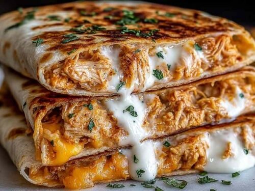 High Protein Chicken Ranch Quesadilla cut into golden crispy wedges on a wooden board with a side of ranch dipping sauce