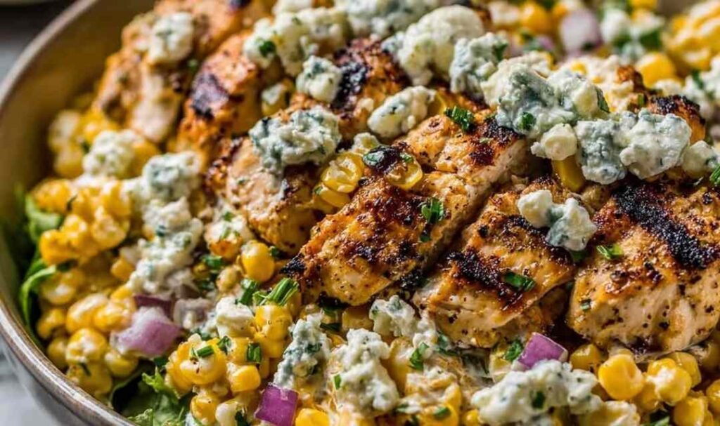 High protein chicken street corn salad bowl with grilled chicken, charred corn, cherry tomatoes, and Greek yogurt dressing topped with cotija cheese
