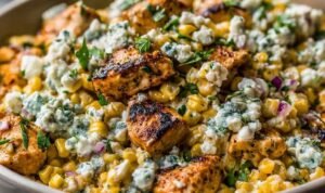 High protein chicken street corn salad bowl with grilled chicken, charred corn, cherry tomatoes, and Greek yogurt dressing topped with cotija cheese