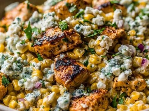 High protein chicken street corn salad bowl with grilled chicken, charred corn, cherry tomatoes, and Greek yogurt dressing topped with cotija cheese