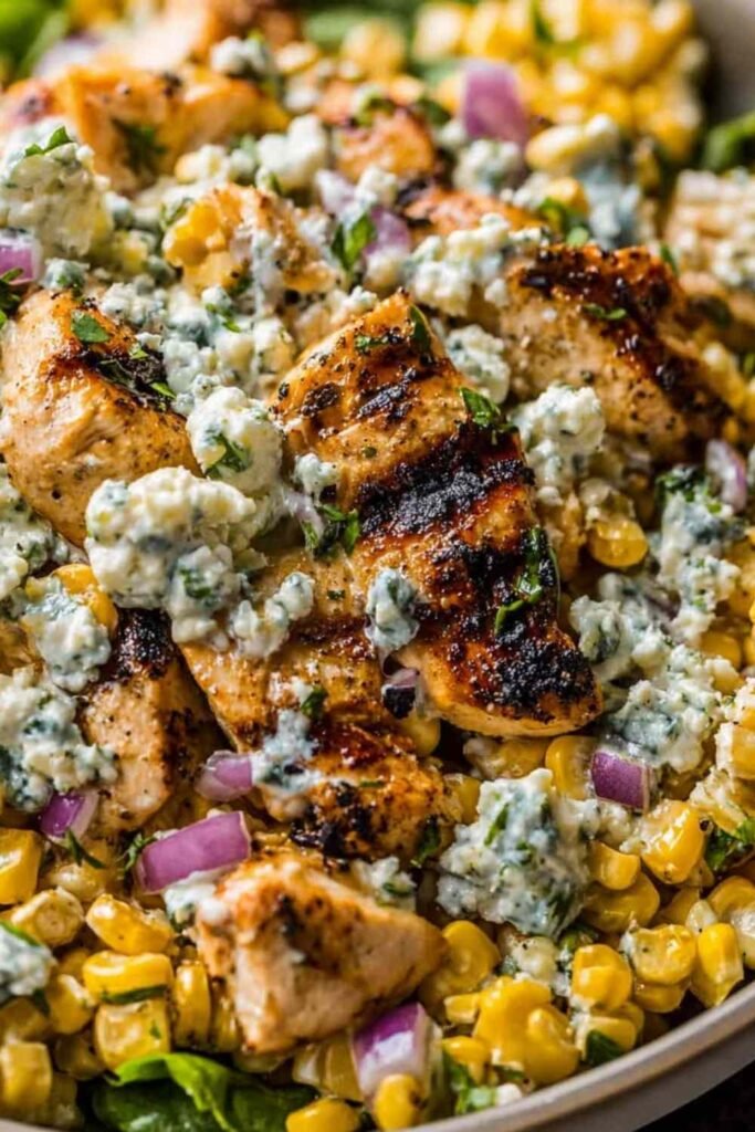 High protein chicken street corn salad bowl with grilled chicken, charred corn, cherry tomatoes, and Greek yogurt dressing topped with cotija cheese