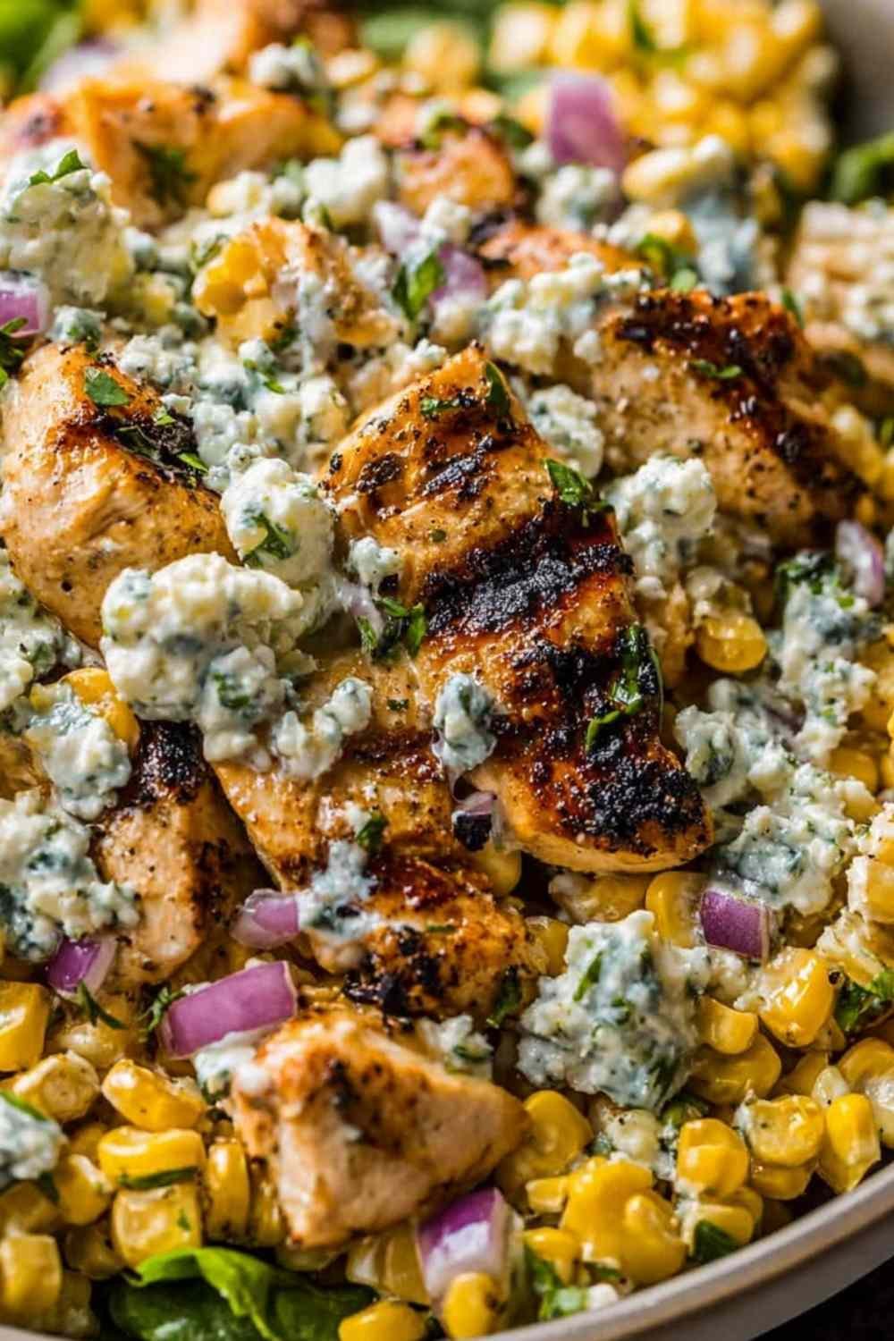 High protein chicken street corn salad bowl with grilled chicken, charred corn, cherry tomatoes, and Greek yogurt dressing topped with cotija cheese