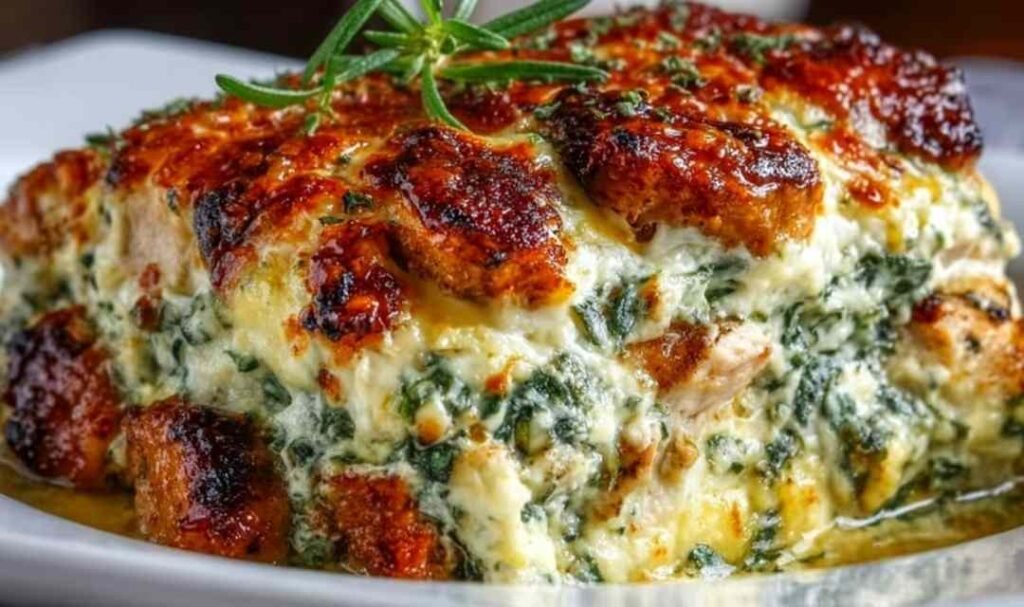 High protein chicken zucchini bake in white baking dish with golden bubbly mozzarella and Parmesan topping fresh from oven