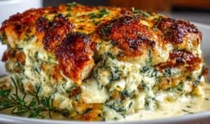 High Protein Chicken Zucchini Bake High protein chicken zucchini bake in white baking dish with golden bubbly mozzarella and Parmesan topping fresh from oven
