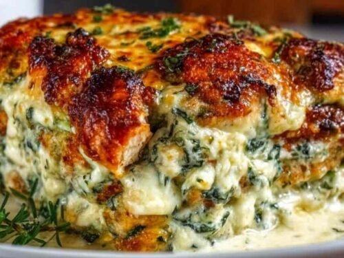 High protein chicken zucchini bake in white baking dish with golden bubbly mozzarella and Parmesan topping fresh from oven