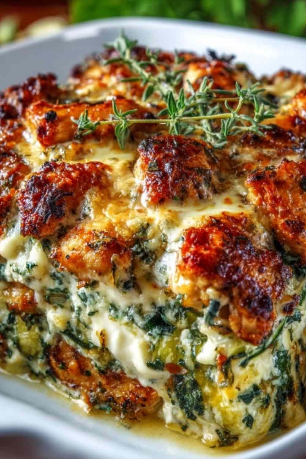 High protein chicken zucchini bake in white baking dish with golden bubbly mozzarella and Parmesan topping fresh from oven