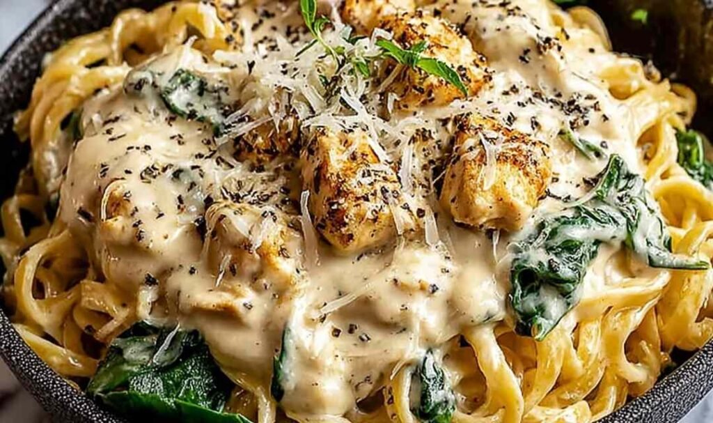 Overhead view of creamy high protein garlic parmesan pasta bowl with whole wheat pasta, silky garlic Parmesan sauce, sliced grilled chicken, and fresh spinach garnish