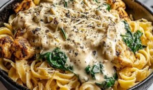 Overhead view of creamy high protein garlic parmesan pasta bowl with whole wheat pasta, silky garlic Parmesan sauce, sliced grilled chicken, and fresh spinach garnish