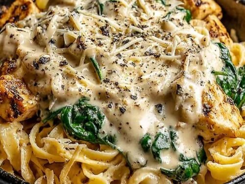 Overhead view of creamy high protein garlic parmesan pasta bowl with whole wheat pasta, silky garlic Parmesan sauce, sliced grilled chicken, and fresh spinach garnish