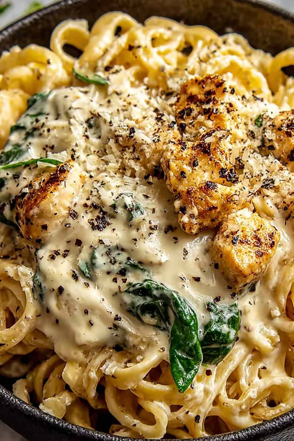 Overhead view of creamy high protein garlic parmesan pasta bowl with whole wheat pasta, silky garlic Parmesan sauce, sliced grilled chicken, and fresh spinach garnish