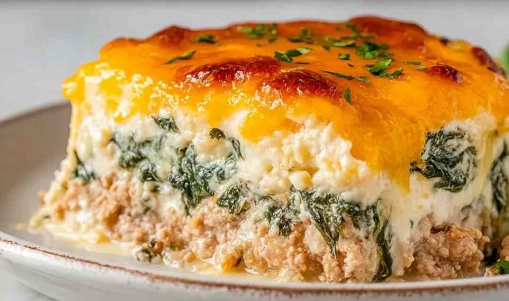 High Protein Ground Turkey Casserole with golden melted cheddar cheese baked in a white 9x9 baking dish