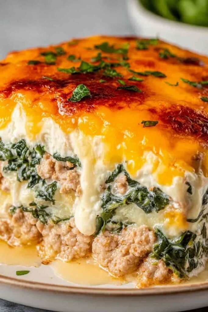 High Protein Ground Turkey Casserole with golden melted cheddar cheese baked in a white 9x9 baking dish