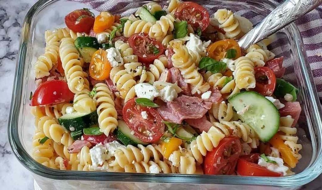 High protein Italian pasta salad with chickpea rotini, deli ham, turkey pepperoni, salami, feta, provolone, and fresh vegetables in a large white serving bowl