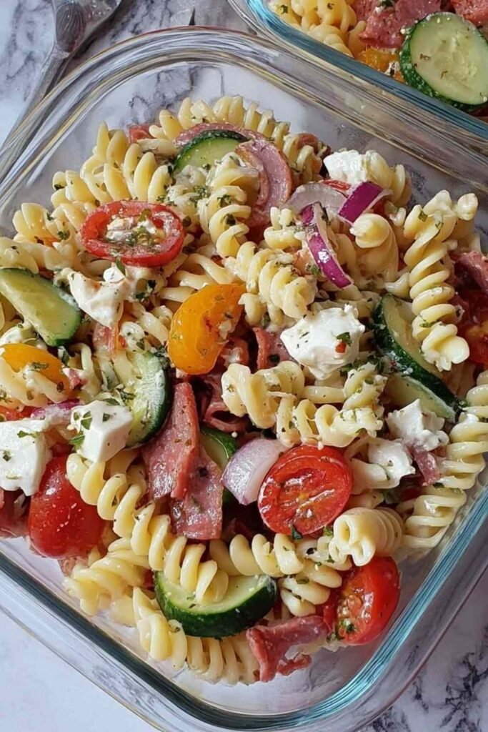 High protein Italian pasta salad with chickpea rotini, deli ham, turkey pepperoni, salami, feta, provolone, and fresh vegetables in a large white serving bowl