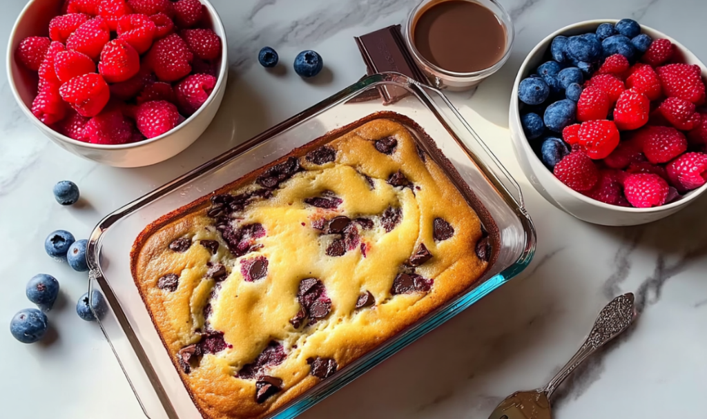 High protein pancake bowl recipe for meal prep topped with fresh blueberries in an oven-safe glass container