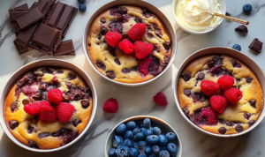 High protein pancake bowl recipe for meal prep topped with fresh blueberries in an oven-safe glass container
