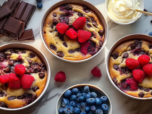 High protein pancake bowl recipe for meal prep topped with fresh blueberries in an oven-safe glass container