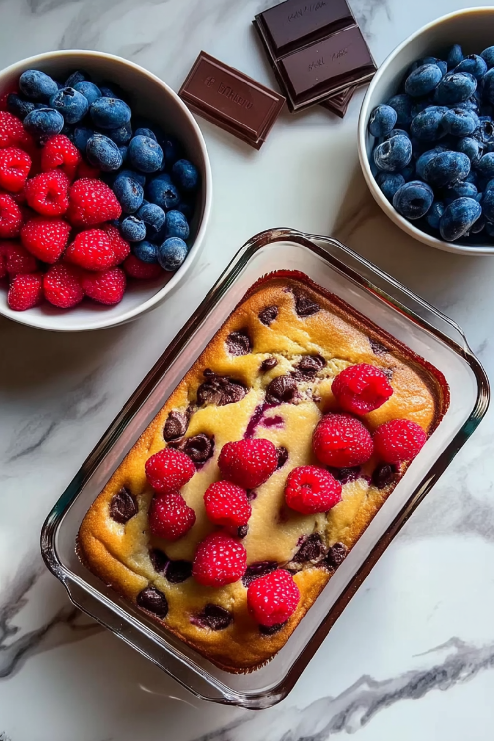 High protein pancake bowl recipe for meal prep topped with fresh blueberries in an oven-safe glass container