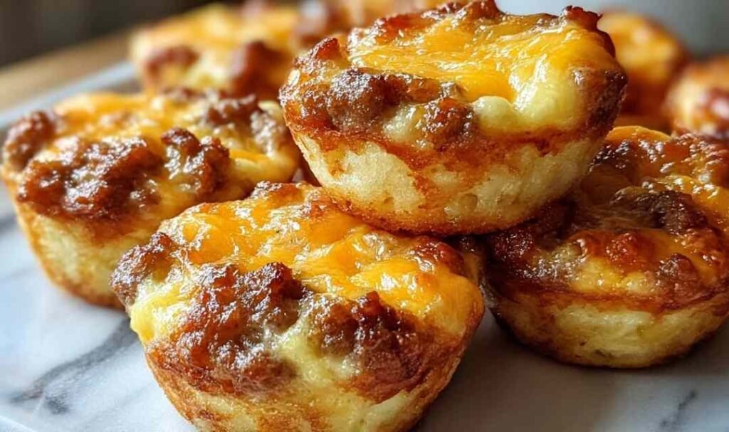 High-Protein Pancake Sausage Mini Muffins golden brown in a mini muffin tin fresh from the oven with visible sausage and cheese