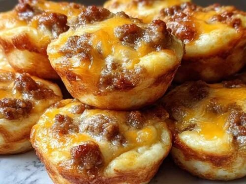 High-Protein Pancake Sausage Mini Muffins golden brown in a mini muffin tin fresh from the oven with visible sausage and cheese