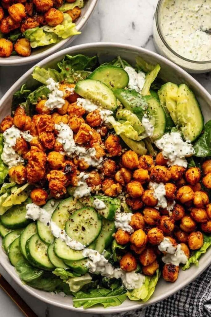 High protein salad with quinoa, chickpeas, cherry tomatoes, cucumber, and feta cheese in a large white bowl with lemon dressing