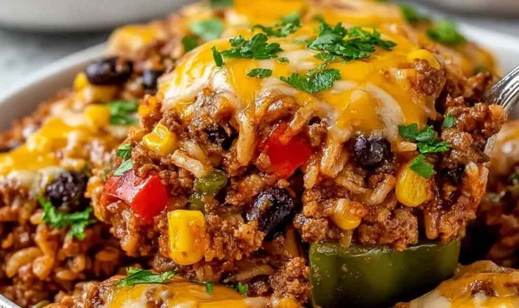 High protein unstuffed peppers baked in a casserole dish with melted cheddar cheese and fresh cilantro