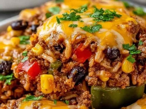 High protein unstuffed peppers baked in a casserole dish with melted cheddar cheese and fresh cilantro