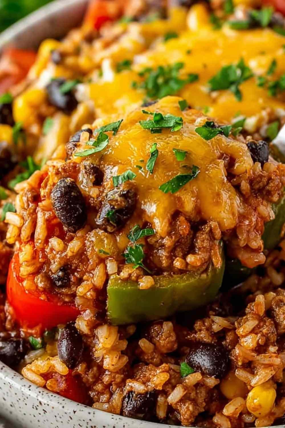 High protein unstuffed peppers baked in a casserole dish with melted cheddar cheese and fresh cilantro