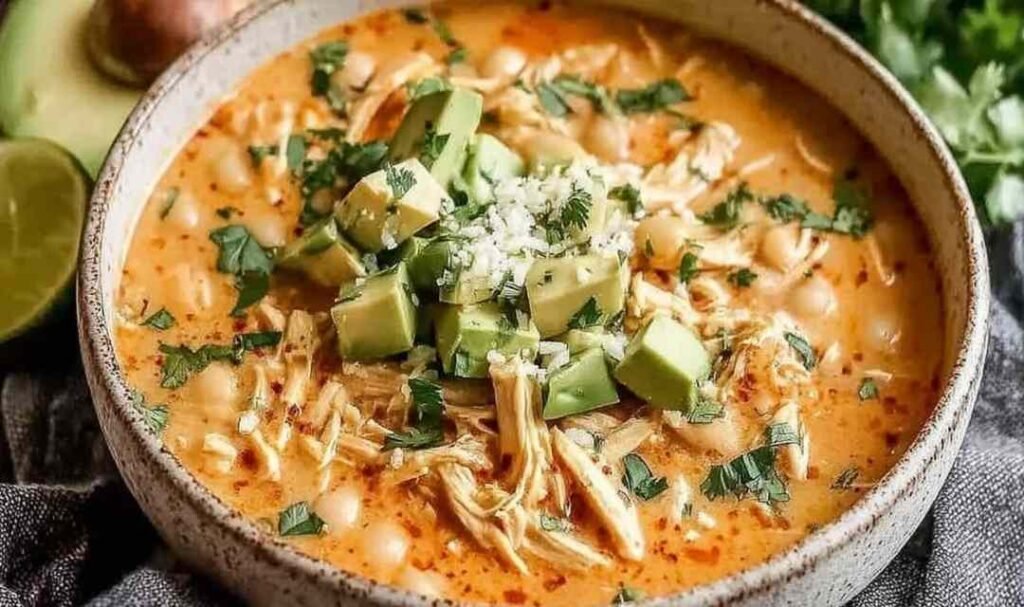 High protein white chicken chili in a white bowl topped with sliced avocado, fresh cilantro, shredded cheese, and a squeeze of lime