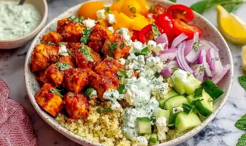 Mediterranean chicken bowls with harissa honey chicken, fluffy quinoa, Greek salad, tzatziki drizzle, and crumbled feta on a white surface