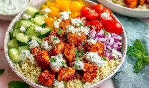 Mediterranean chicken bowls with harissa honey chicken, fluffy quinoa, Greek salad, tzatziki drizzle, and crumbled feta on a white surface