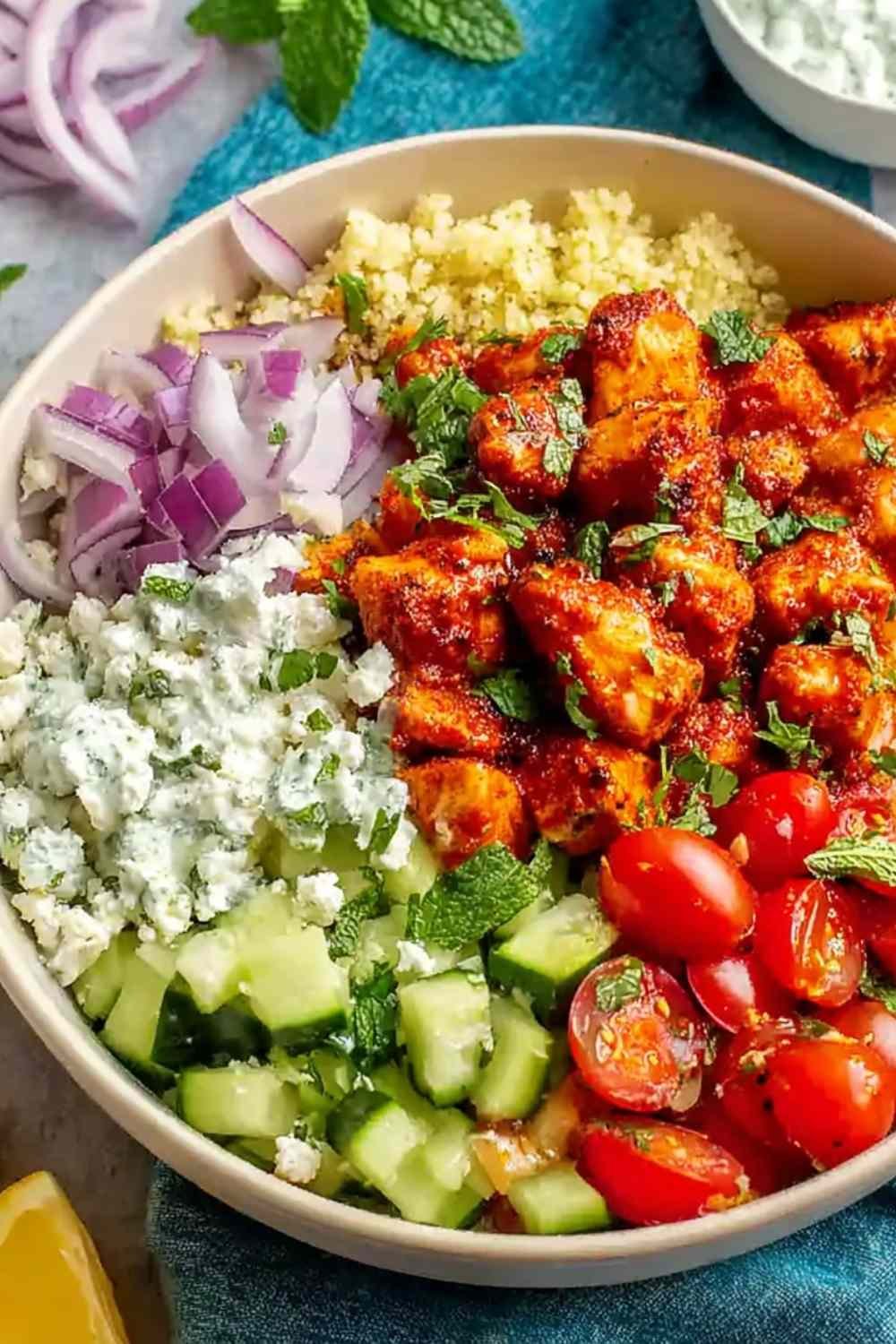 Mediterranean chicken bowls with harissa honey chicken, fluffy quinoa, Greek salad, tzatziki drizzle, and crumbled feta on a white surface