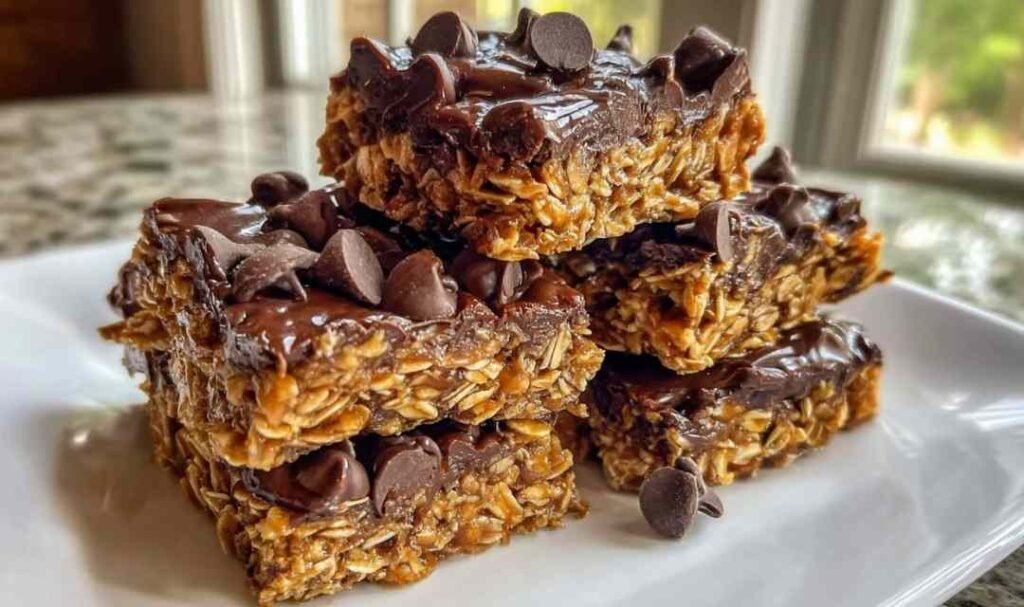 Stack of chewy homemade protein bars with dark chocolate topping on white parchment paper