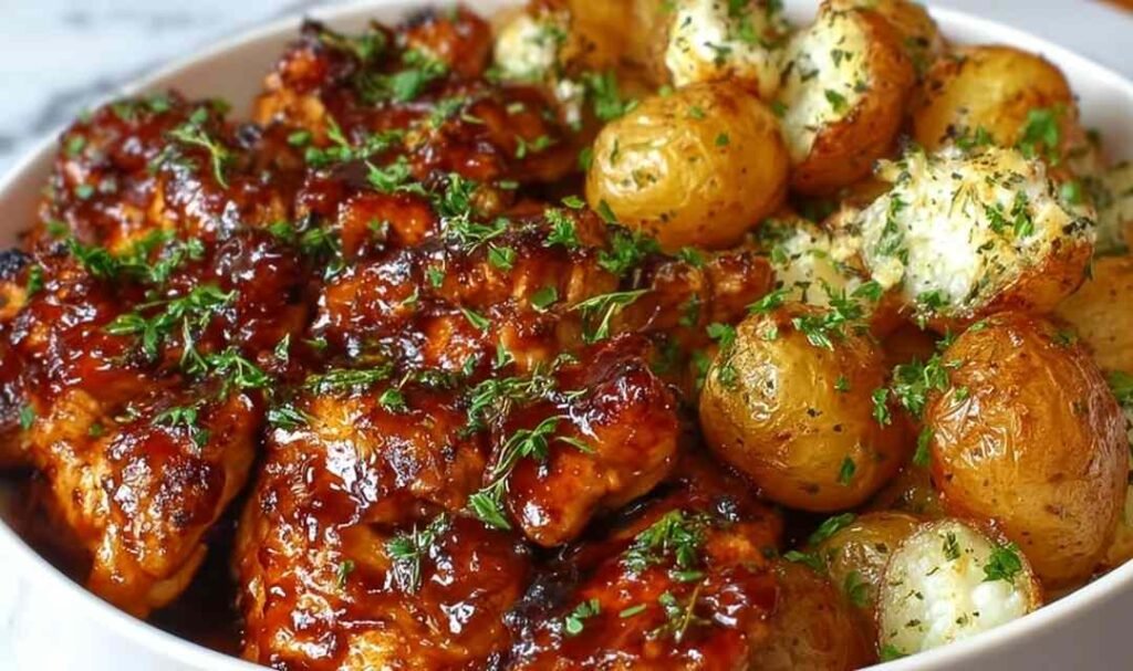 Honey BBQ chicken potatoes in a large skillet with crispy roasted potatoes, glossy BBQ sauce, melted cheddar, and chopped green onions