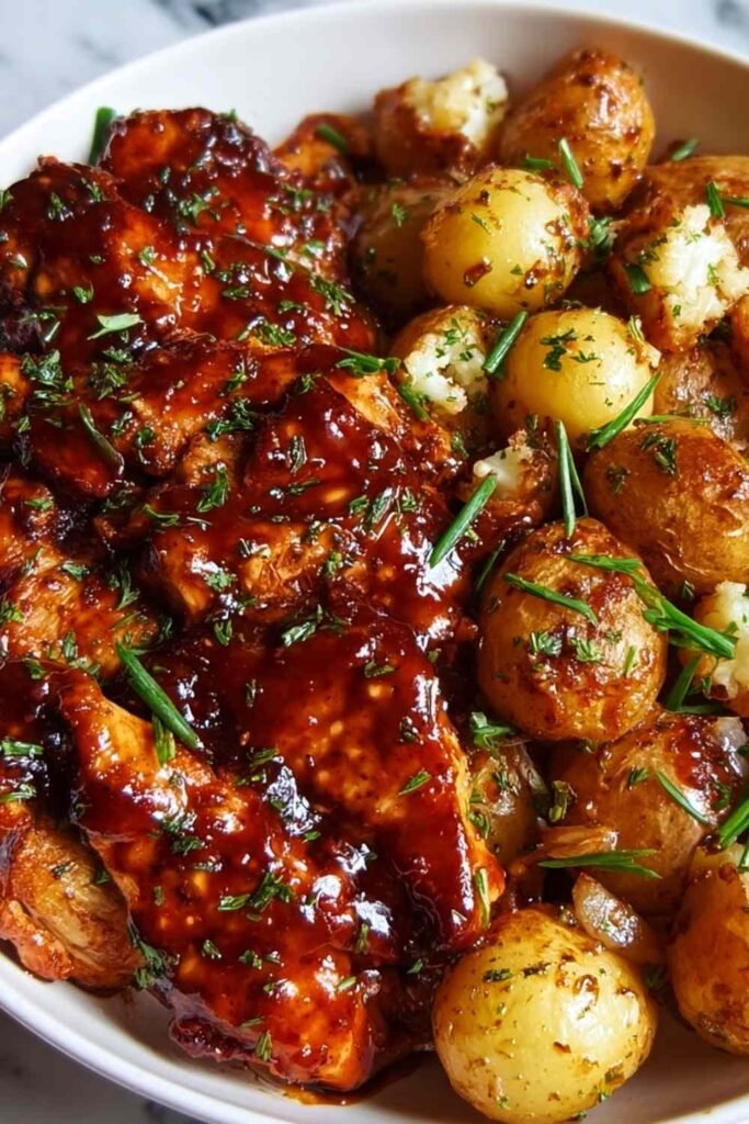Honey BBQ chicken potatoes in a large skillet with crispy roasted potatoes, glossy BBQ sauce, melted cheddar, and chopped green onions