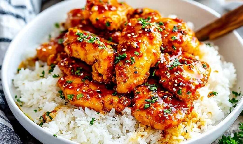 Sticky honey garlic chicken thighs served over white rice in a dark bowl with fresh parsley