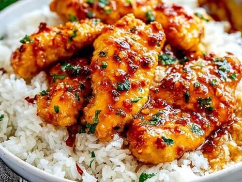 Sticky honey garlic chicken thighs served over white rice in a dark bowl with fresh parsley