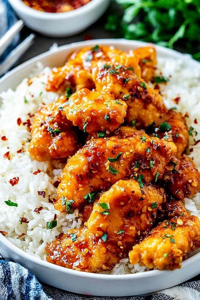 Sticky honey garlic chicken thighs served over white rice in a dark bowl with fresh parsley