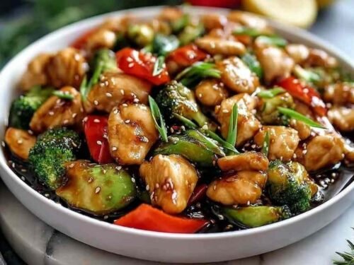 Honey Garlic Chicken Stir Fry with colorful vegetables in a cast iron skillet