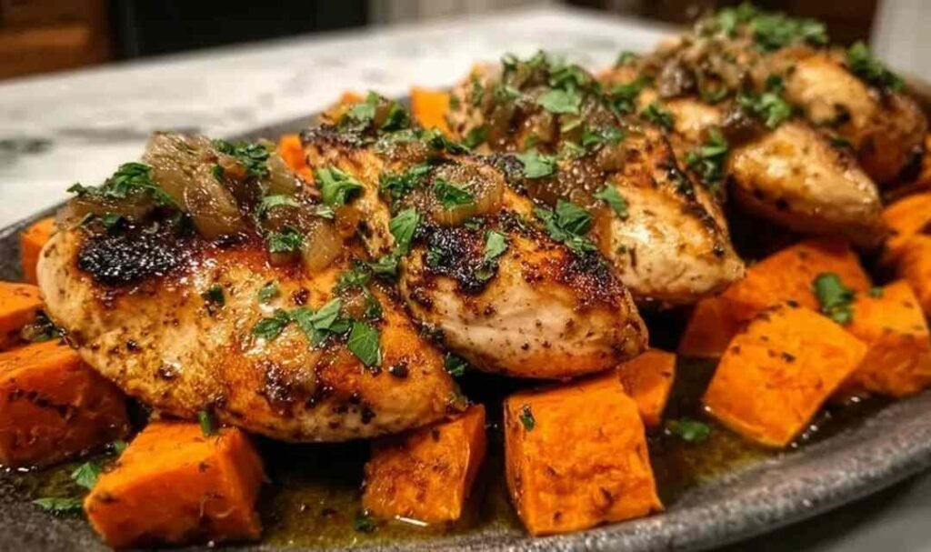 Honey Garlic Chicken and Sweet Potato in a cast iron skillet with caramelized sauce, roasted sweet potatoes, and fresh parsley garnish