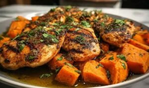Honey Garlic Chicken and Sweet Potato in a cast iron skillet with caramelized sauce, roasted sweet potatoes, and fresh parsley garnish