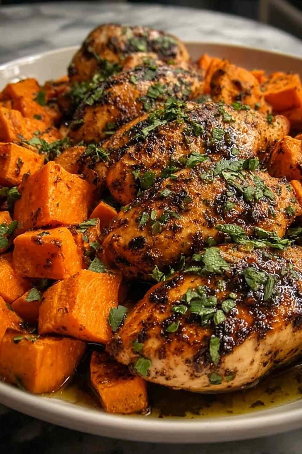 Honey Garlic Chicken and Sweet Potato in a cast iron skillet with caramelized sauce, roasted sweet potatoes, and fresh parsley garnish